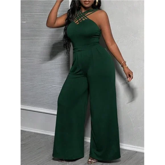Casual Spaghetti Straps Pleated V-Neck Wide Leg Jumpsuit - E